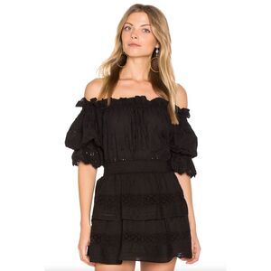 LoveShackFancy Carrie Off the Shoulder Ruffle Embroidered Top Black Small Boho